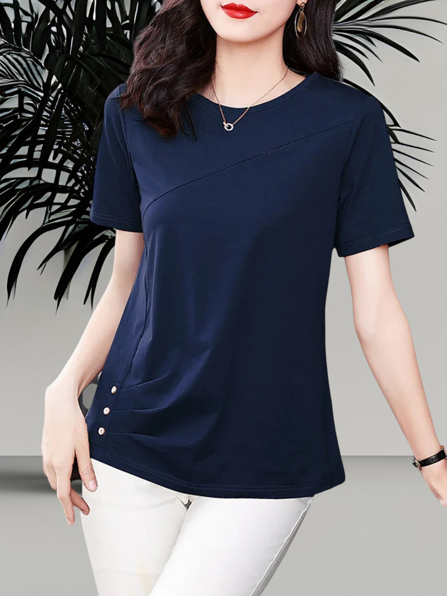 Blusa de Algodón Manga Corta para Mujer — Cuello Redondo, Tallas hasta 5XL