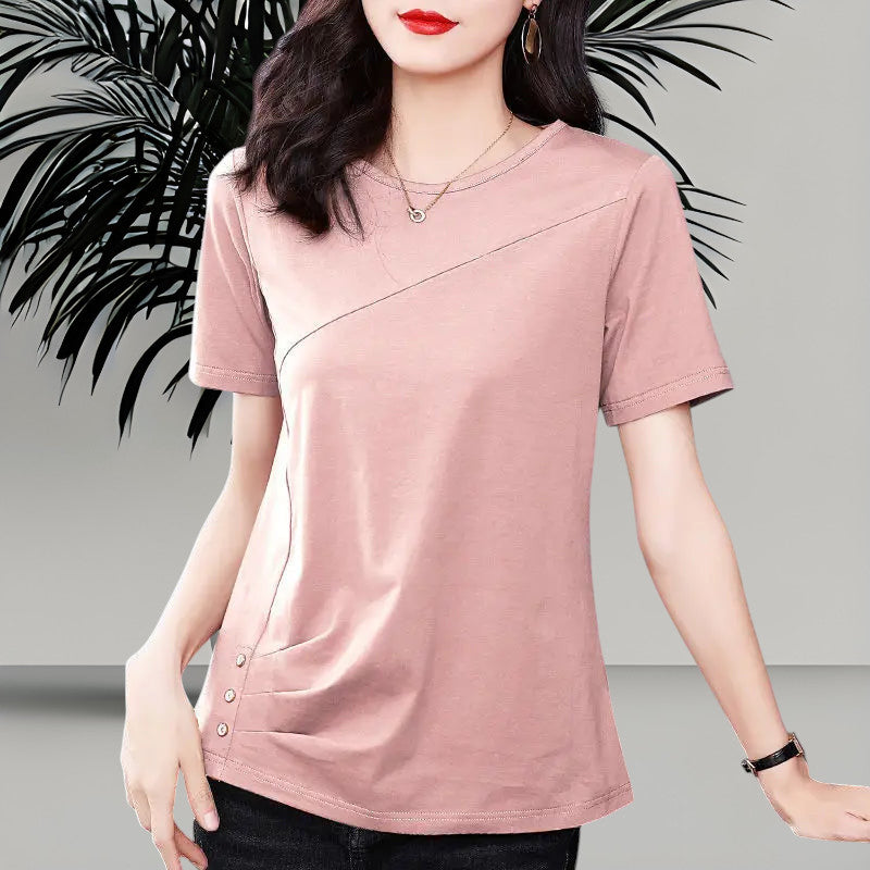 Blusa de Algodón Manga Corta para Mujer — Cuello Redondo, Tallas hasta 5XL