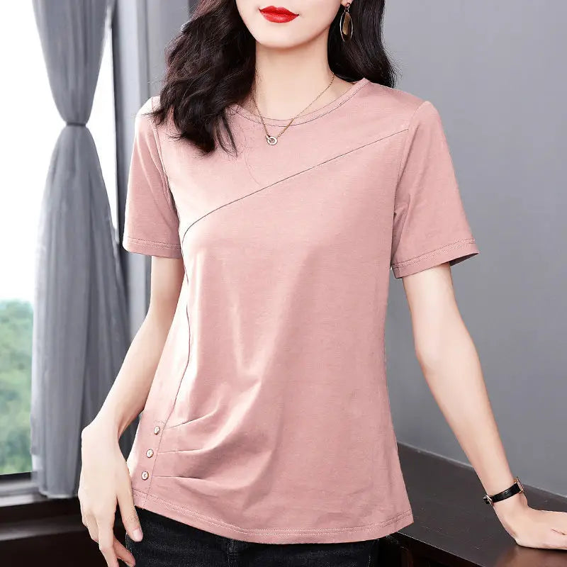 5XL Women Summer Spring cotton Blouses Shirts Lady Fashion Casual Short Sleeve O-Neck Solid Color T-shirt Blusas Tops MM2069