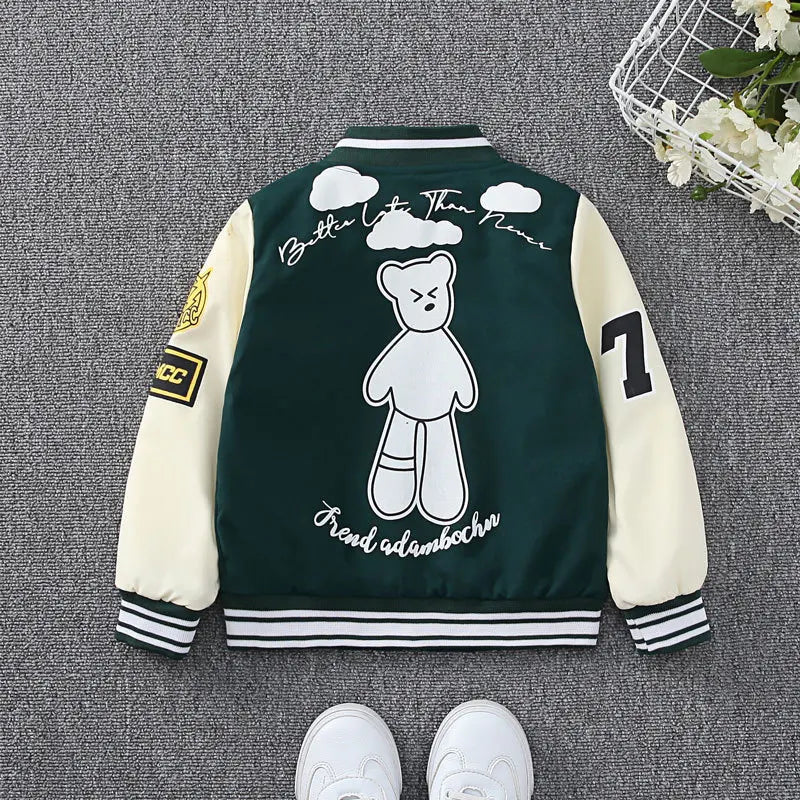 Spring Autumn Teens Cool Boys Coat Cartoon Bear Pattern Baseball Sports Jacket For 4-12 Years Children Casual Outerwear Clothing