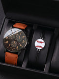 Men's Watch & Baseball Bracelet Set, Geneva Style Leather Quartz Wristwatch for Men