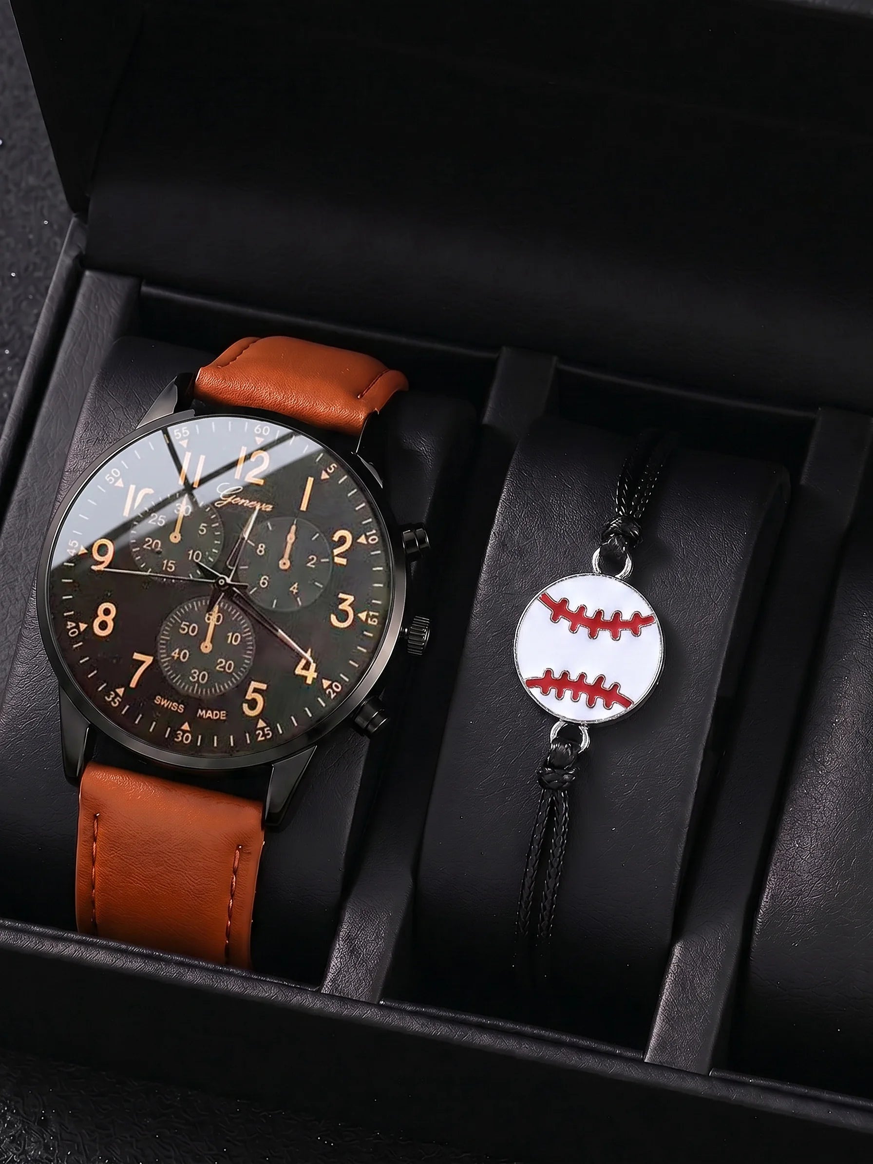 Men's Watch & Baseball Bracelet Set, Geneva Style Leather Quartz Wristwatch for Men