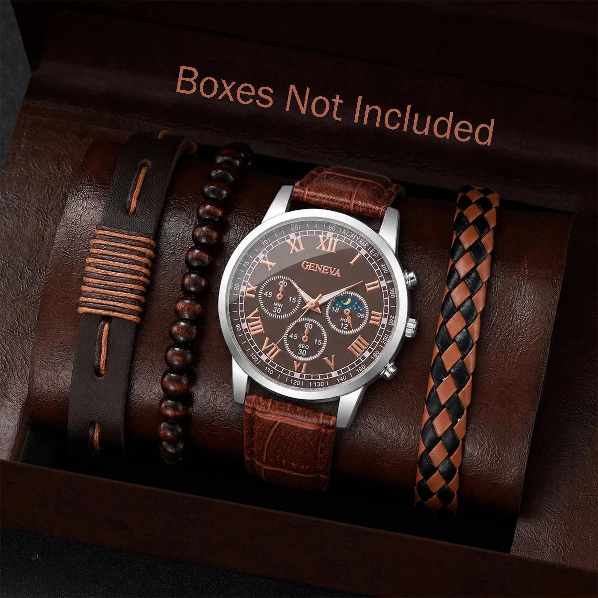 4PCS Fashion Men Business Watches  Leather Bracelets Set Round Dial Male's Analog Quartz Wristwatch Reloj Hombre（Without Box）