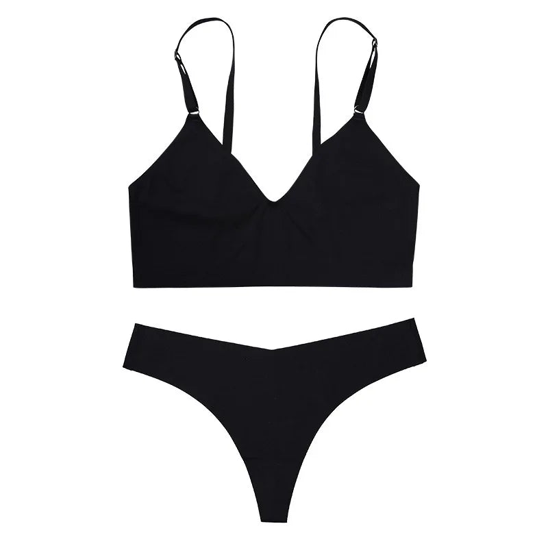 Seamless Bra Set Women Lingerie Set V-Shape Low Waist Thong Panties V-neck Bralette Wireless Brassiere Female Sexy Underwear Set