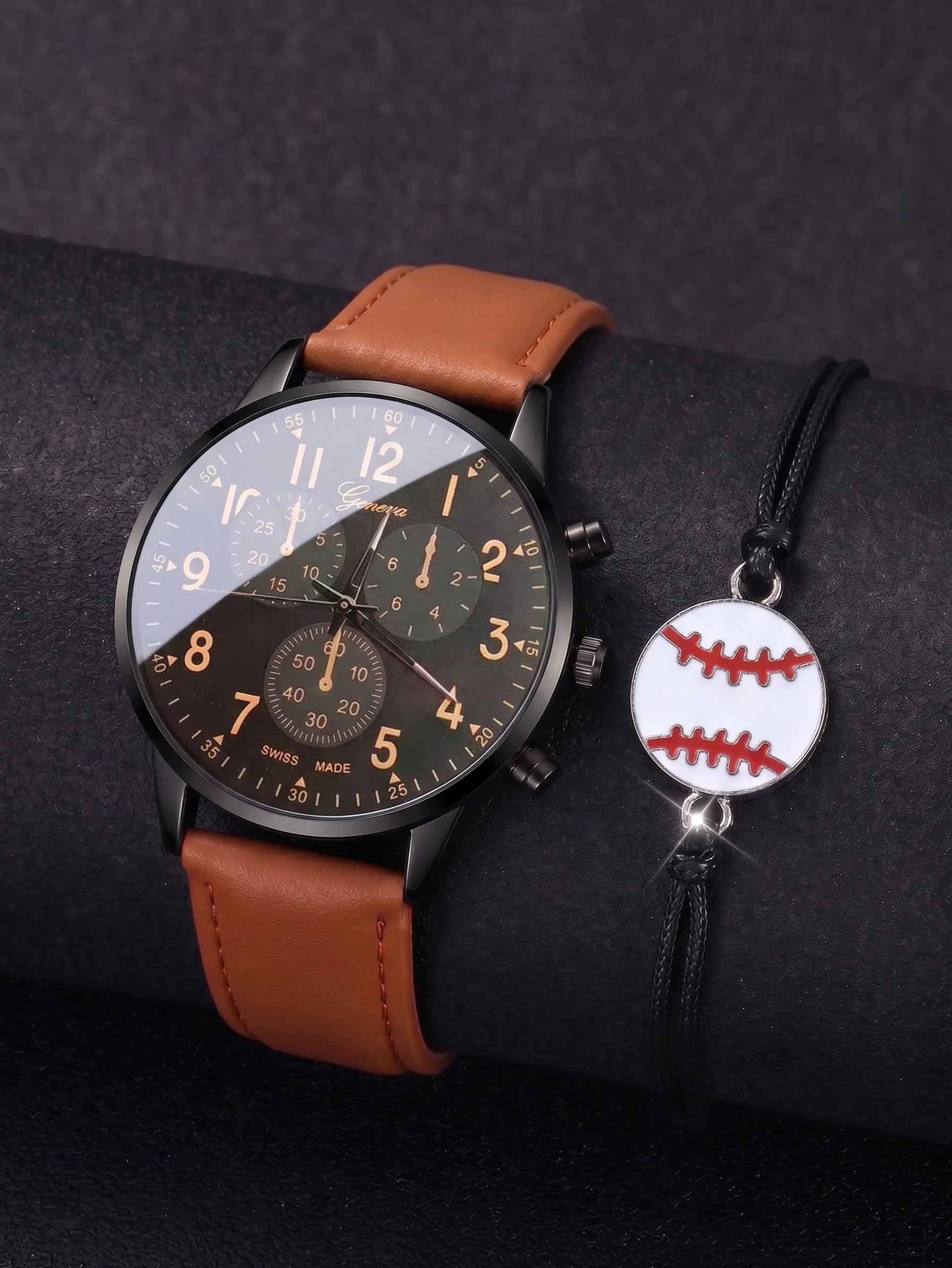 Men's Watch & Baseball Bracelet Set, Geneva Style Leather Quartz Wristwatch for Men