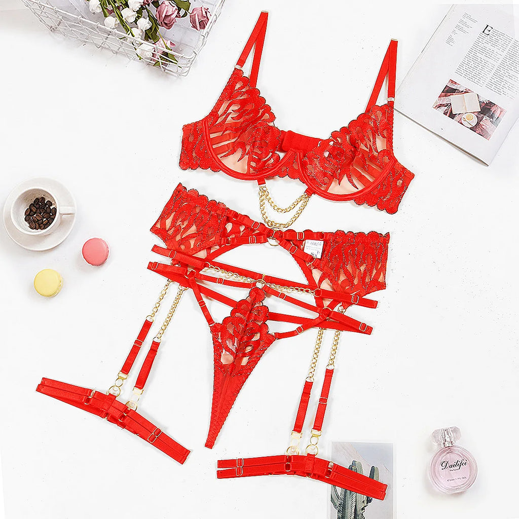 Ellolace Hot Women's Lingerie Sets Charming Bra Belt Thong 3PC with Leg Circles Fantasy Deep V-neck Women Intimate Underwear