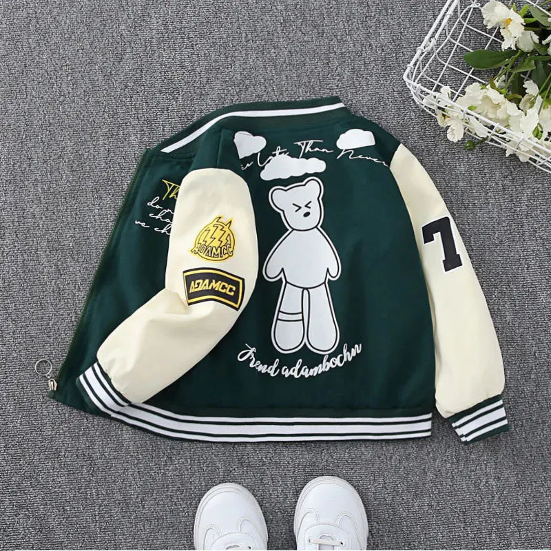 Spring Autumn Teens Cool Boys Coat Cartoon Bear Pattern Baseball Sports Jacket For 4-12 Years Children Casual Outerwear Clothing