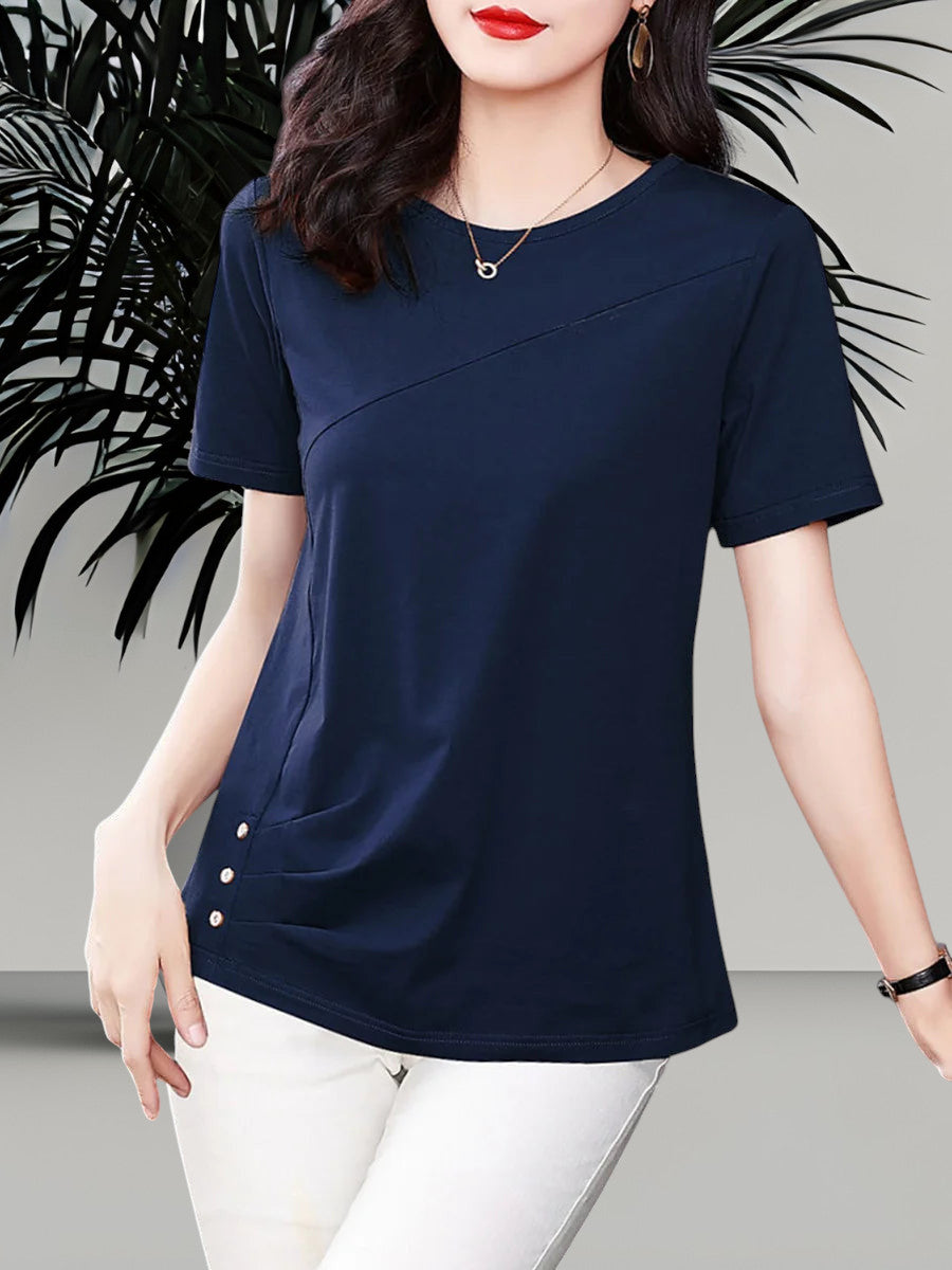 Blusa de Algodón Manga Corta para Mujer — Cuello Redondo, Tallas hasta 5XL