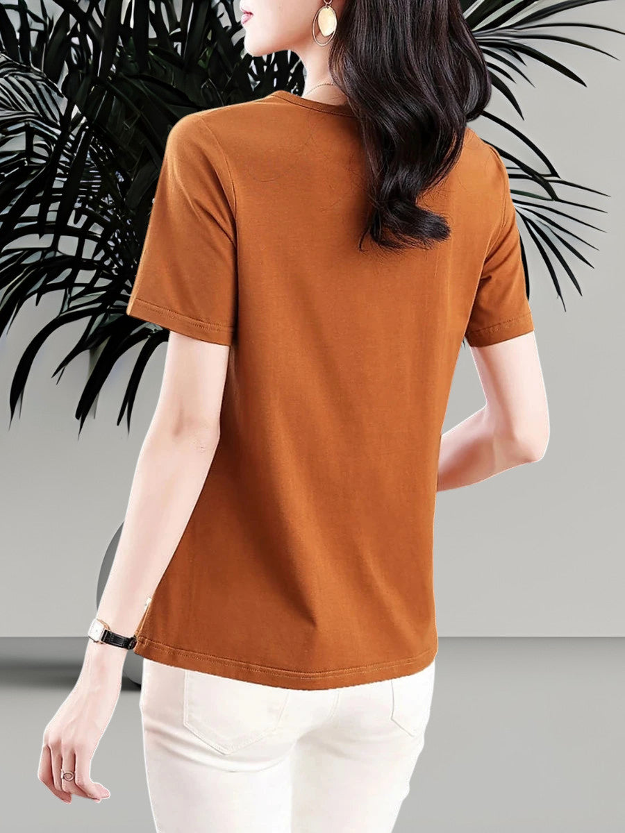 Blusa de Algodón Manga Corta para Mujer — Cuello Redondo, Tallas hasta 5XL