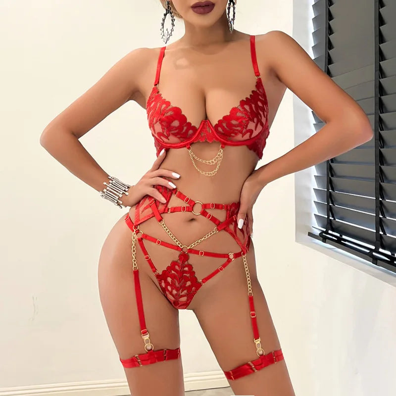 Ellolace Hot Women's Lingerie Sets Charming Bra Belt Thong 3PC with Leg Circles Fantasy Deep V-neck Women Intimate Underwear
