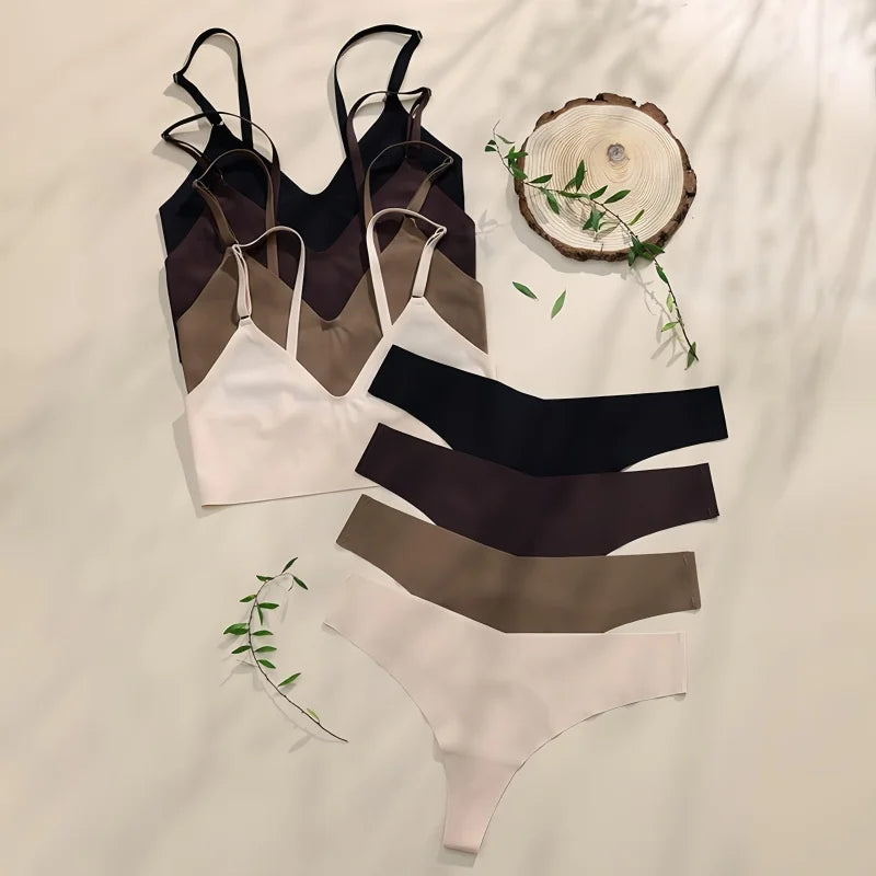 Seamless Bra Set Women Lingerie Set V-Shape Low Waist Thong Panties V-neck Bralette Wireless Brassiere Female Sexy Underwear Set