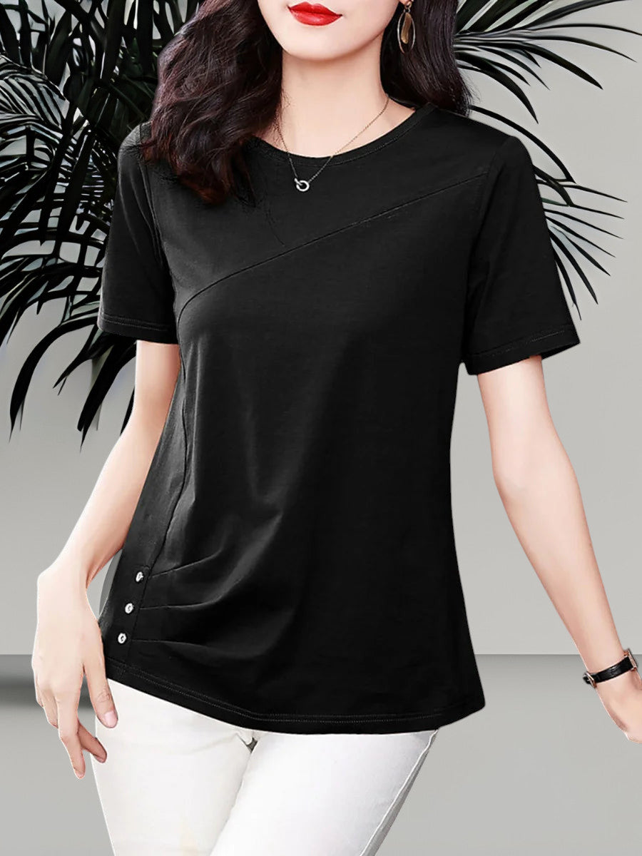 Blusa de Algodón Manga Corta para Mujer — Cuello Redondo, Tallas hasta 5XL