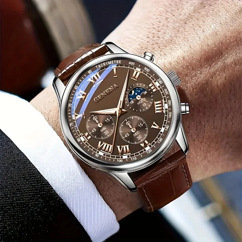 4PCS Fashion Men Business Watches  Leather Bracelets Set Round Dial Male's Analog Quartz Wristwatch Reloj Hombre（Without Box）