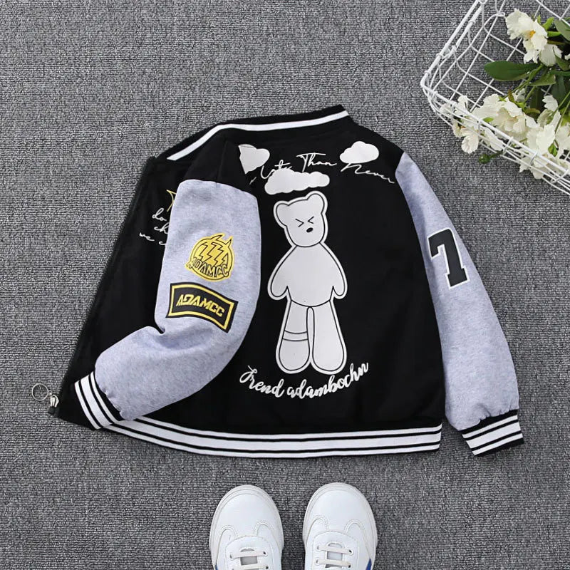 Spring Autumn Teens Cool Boys Coat Cartoon Bear Pattern Baseball Sports Jacket For 4-12 Years Children Casual Outerwear Clothing