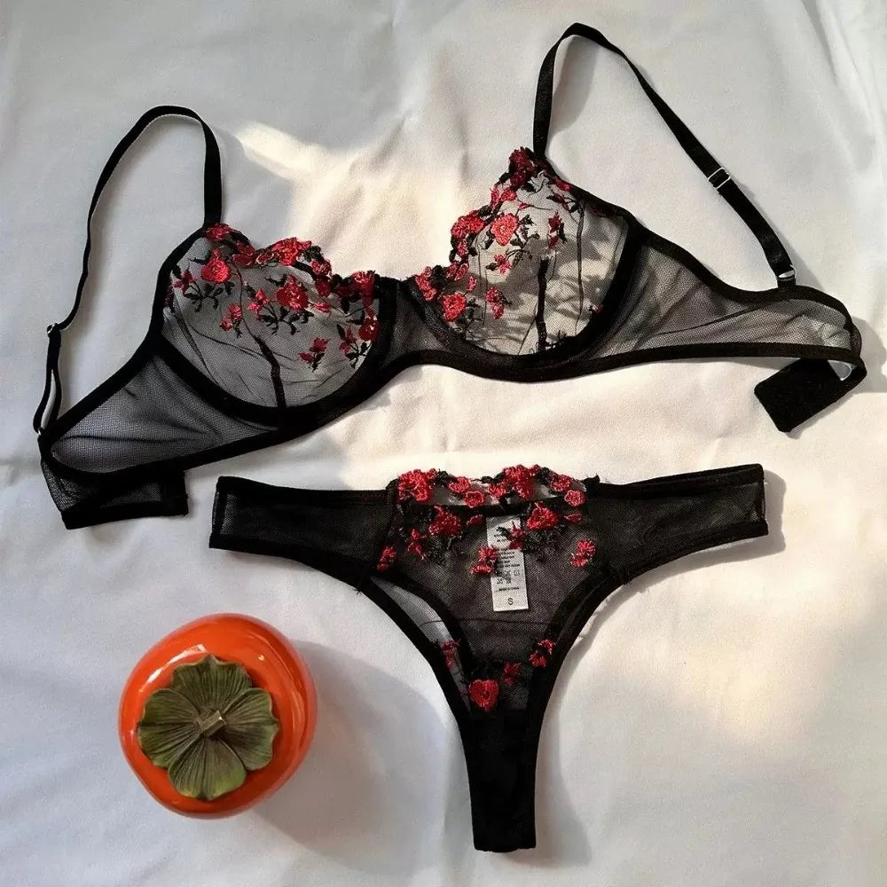 2pcs Set Sweet Mesh Lace Flower Bra Sexy Embroidery Bra Panties Set Bowknot Intimates Push Up Bra Women Romantic Evenings