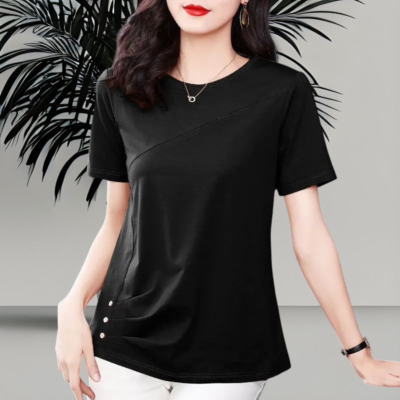 Blusa de Algodón Manga Corta para Mujer — Cuello Redondo, Tallas hasta 5XL