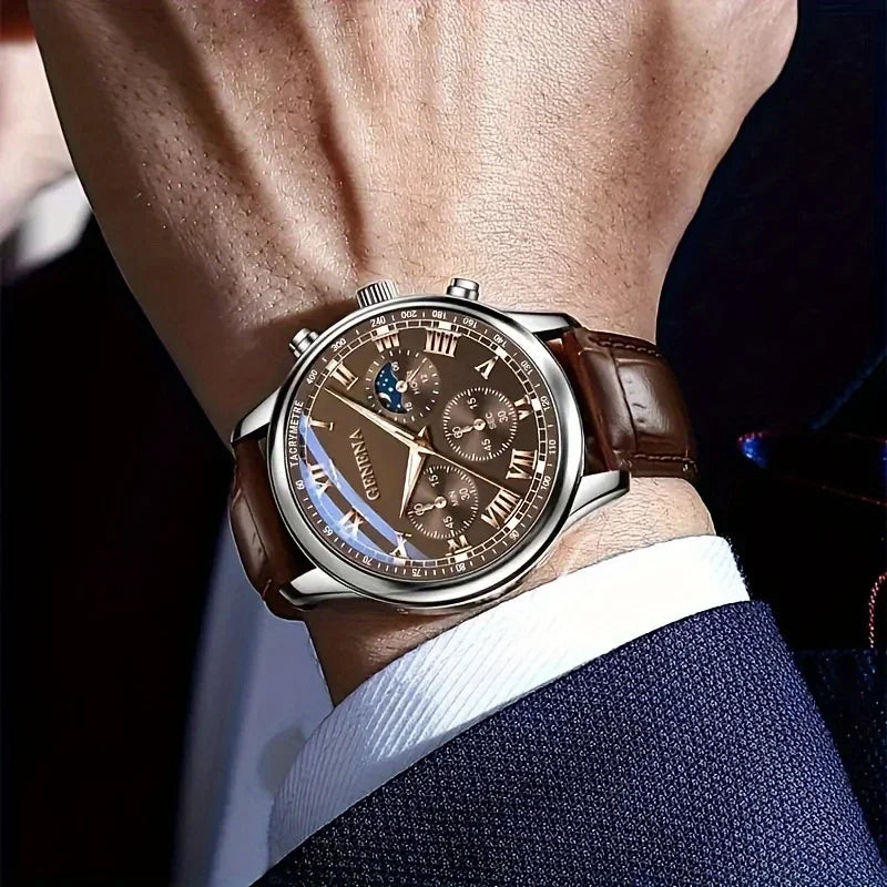 4PCS Fashion Men Business Watches  Leather Bracelets Set Round Dial Male's Analog Quartz Wristwatch Reloj Hombre（Without Box）