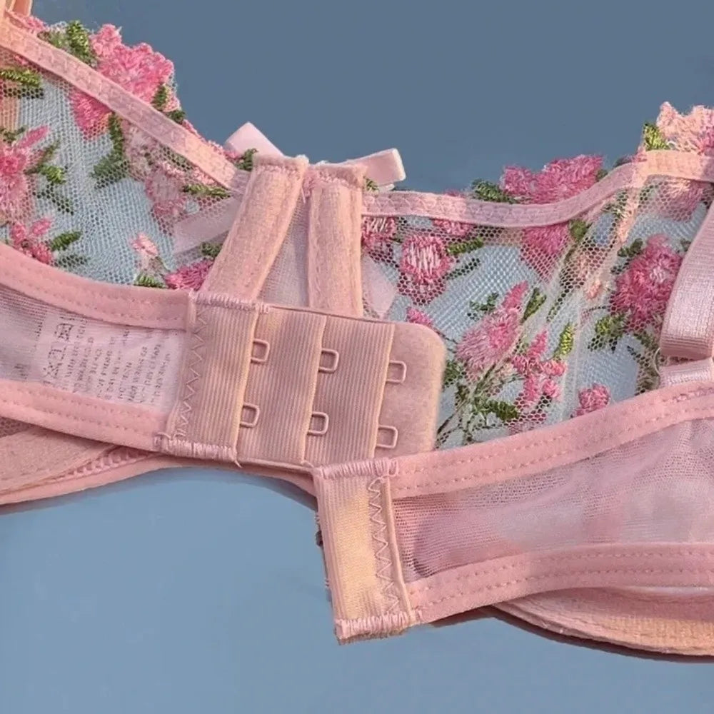 2pcs Set Sweet Mesh Lace Flower Bra Sexy Embroidery Bra Panties Set Bowknot Intimates Push Up Bra Women Romantic Evenings