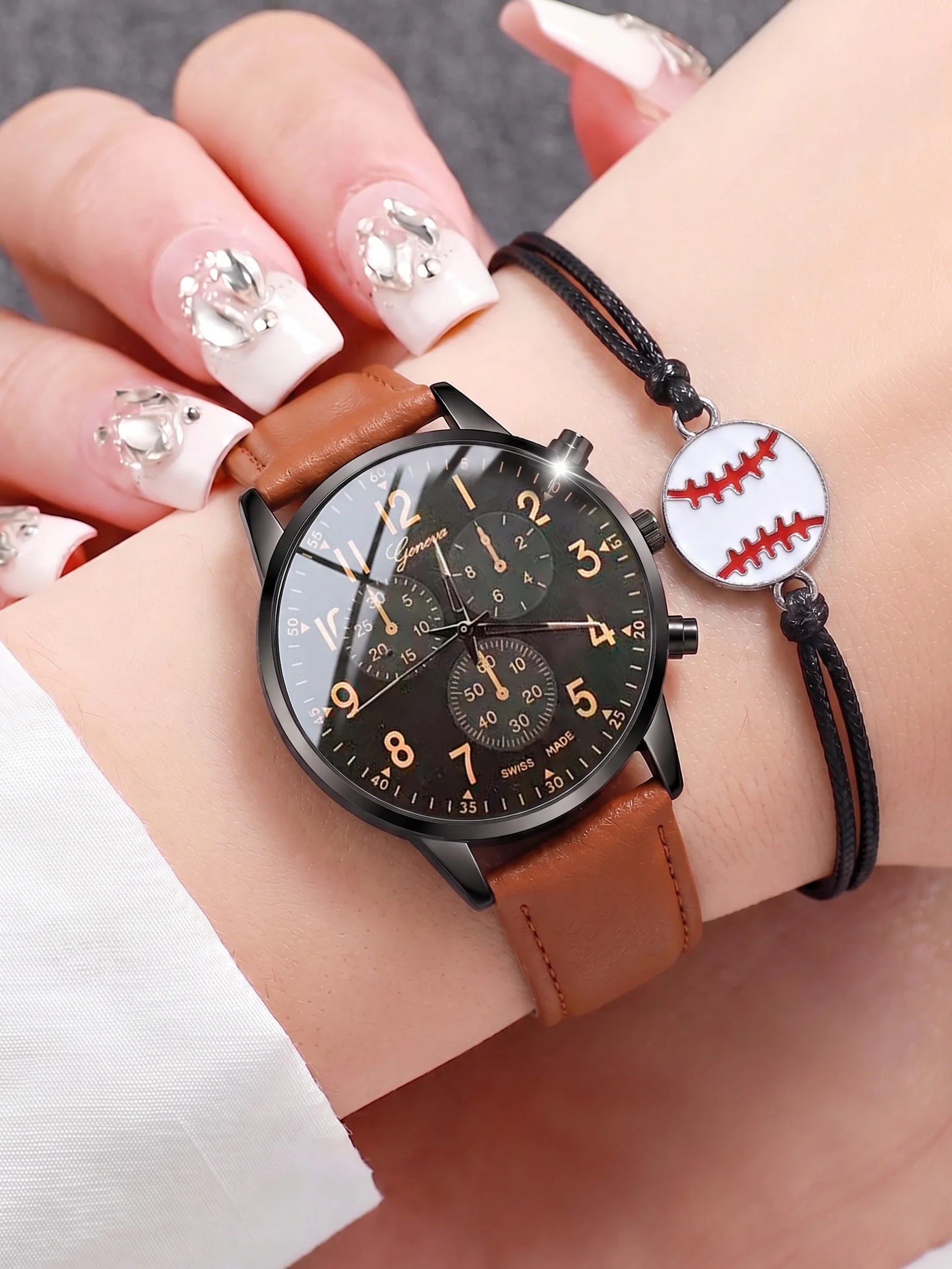 Men's Watch & Baseball Bracelet Set, Geneva Style Leather Quartz Wristwatch for Men