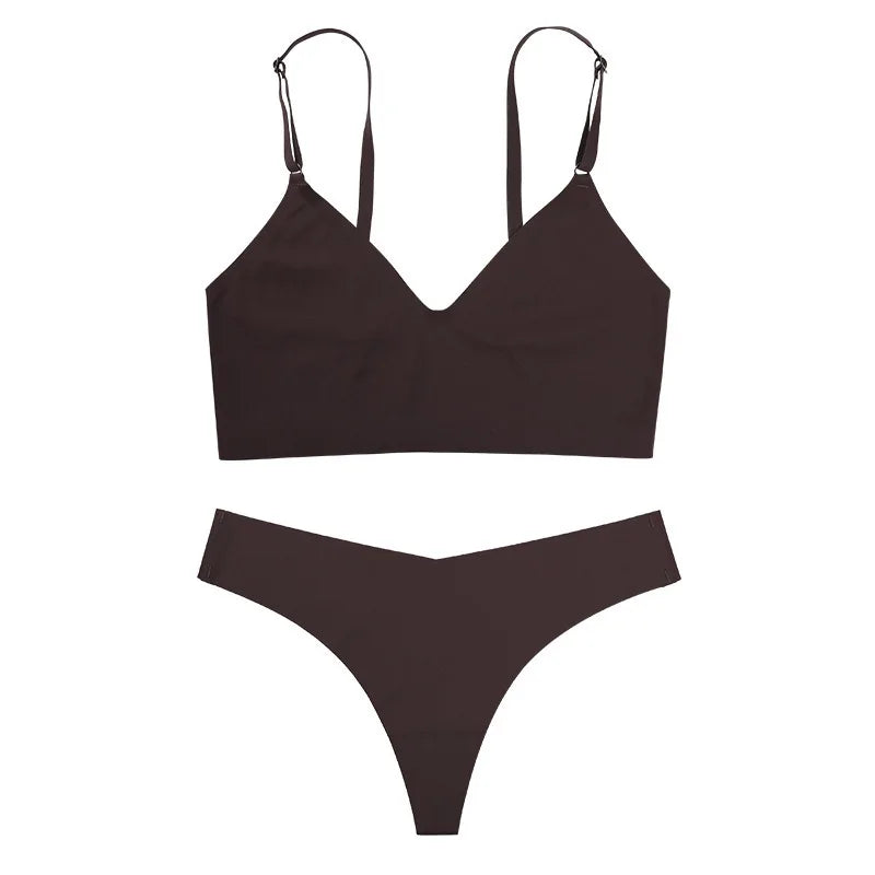 Seamless Bra Set Women Lingerie Set V-Shape Low Waist Thong Panties V-neck Bralette Wireless Brassiere Female Sexy Underwear Set