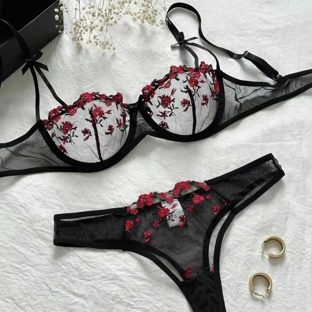 2pcs Set Sweet Mesh Lace Flower Bra Sexy Embroidery Bra Panties Set Bowknot Intimates Push Up Bra Women Romantic Evenings