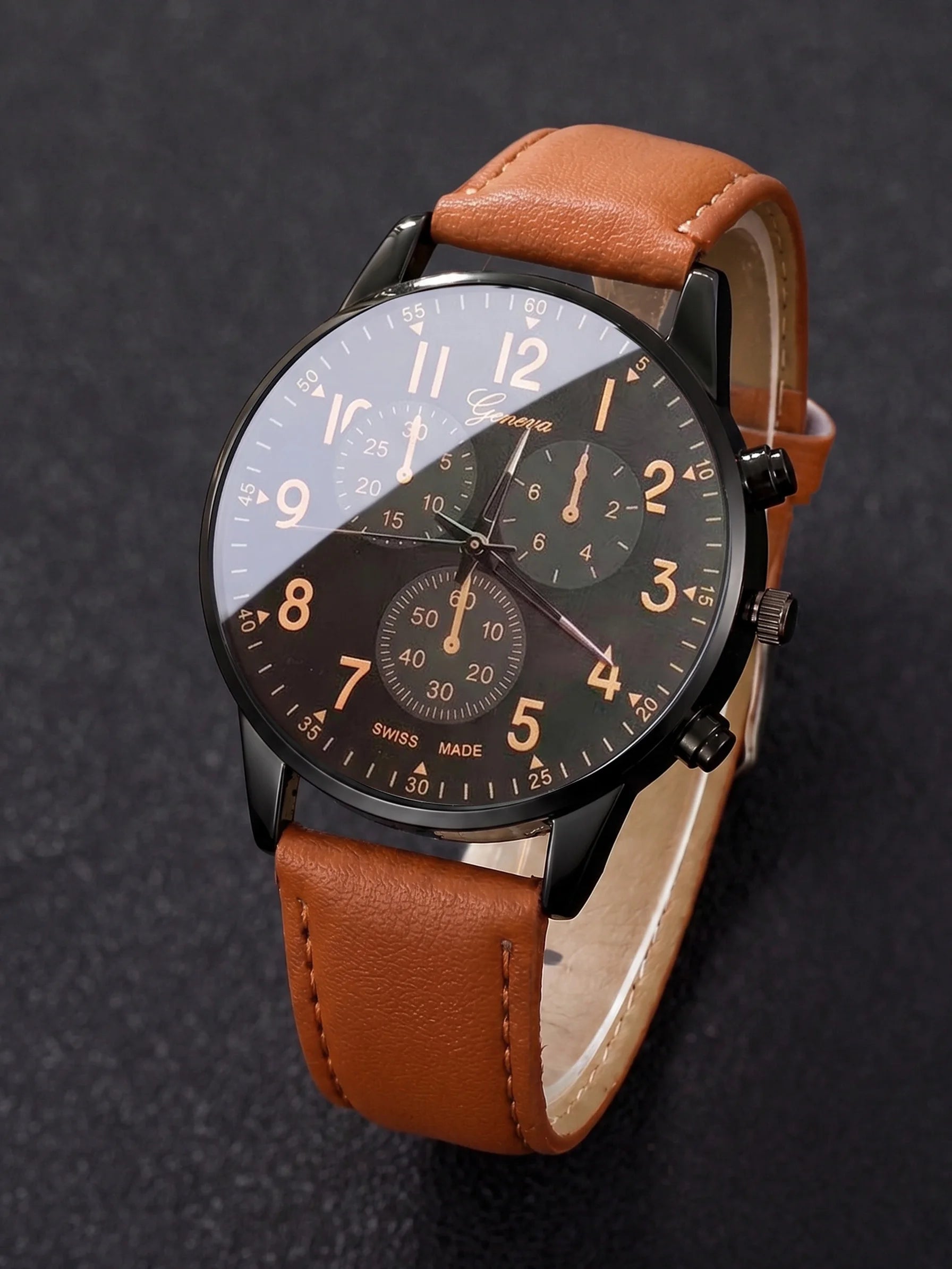 Men's Watch & Baseball Bracelet Set, Geneva Style Leather Quartz Wristwatch for Men