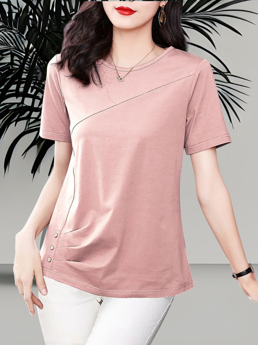 Blusa de Algodón Manga Corta para Mujer — Cuello Redondo, Tallas hasta 5XL