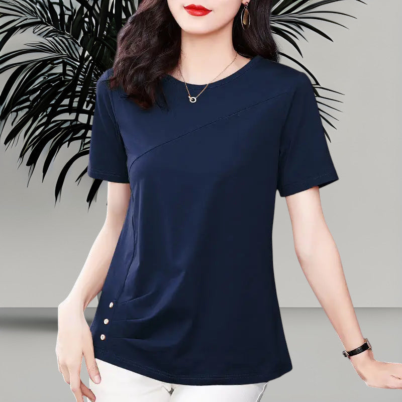 Blusa de Algodón Manga Corta para Mujer — Cuello Redondo, Tallas hasta 5XL
