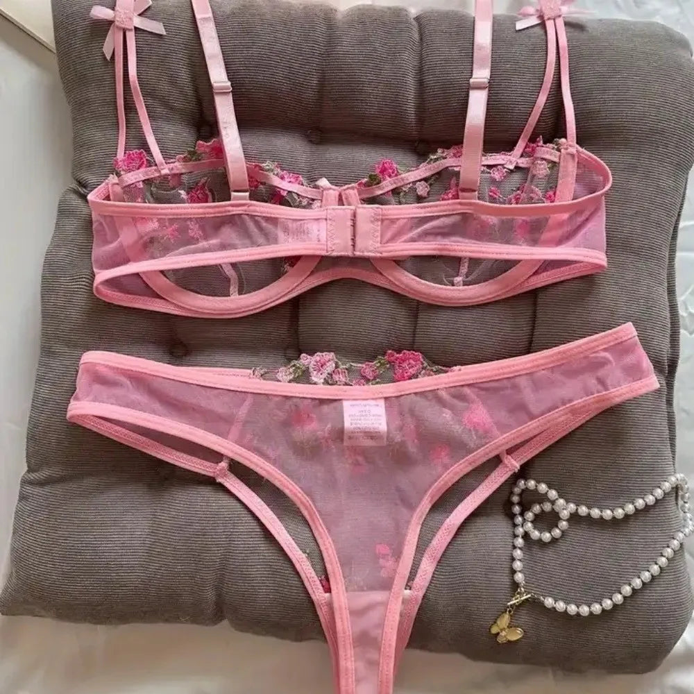 2pcs Set Sweet Mesh Lace Flower Bra Sexy Embroidery Bra Panties Set Bowknot Intimates Push Up Bra Women Romantic Evenings