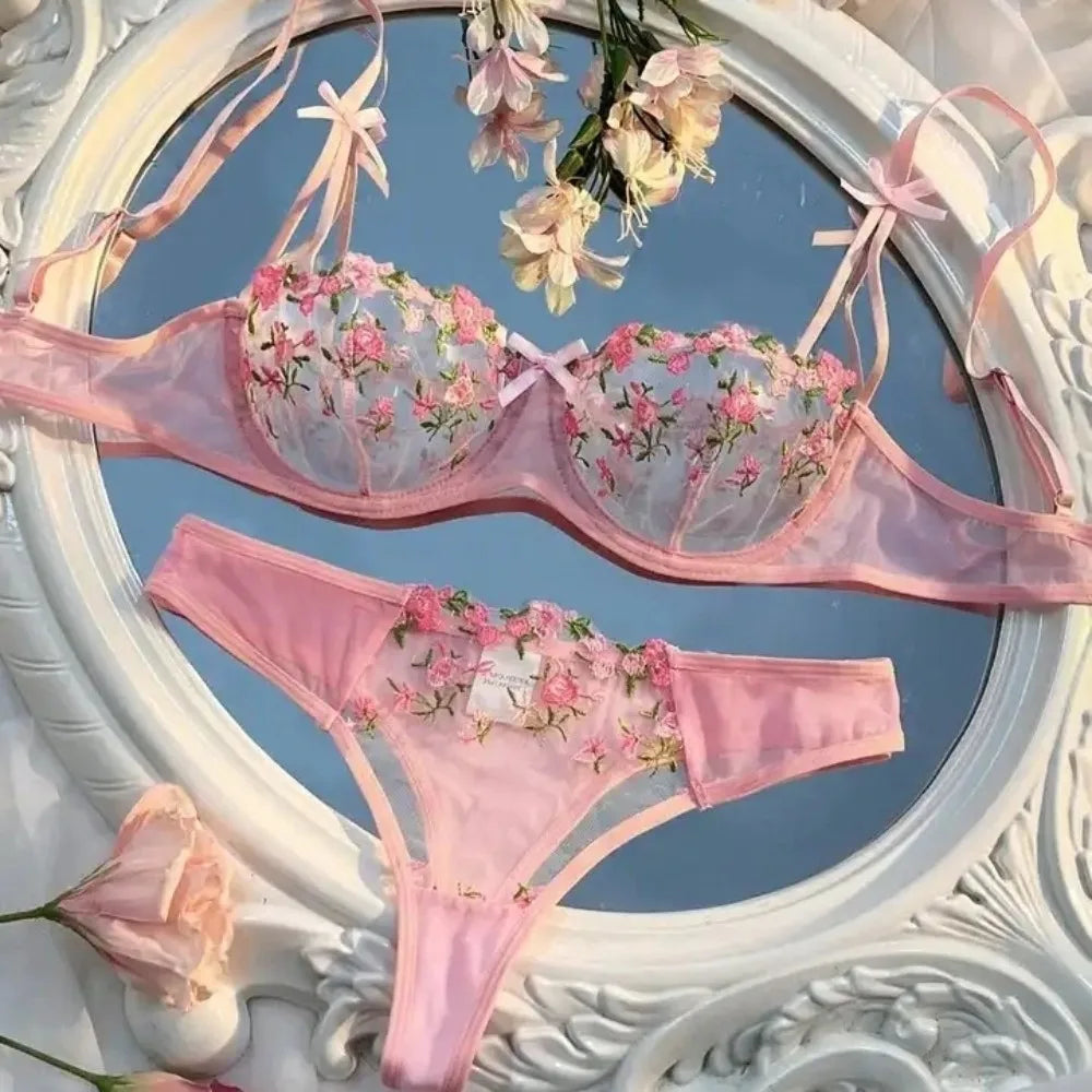 2pcs Set Sweet Mesh Lace Flower Bra Sexy Embroidery Bra Panties Set Bowknot Intimates Push Up Bra Women Romantic Evenings