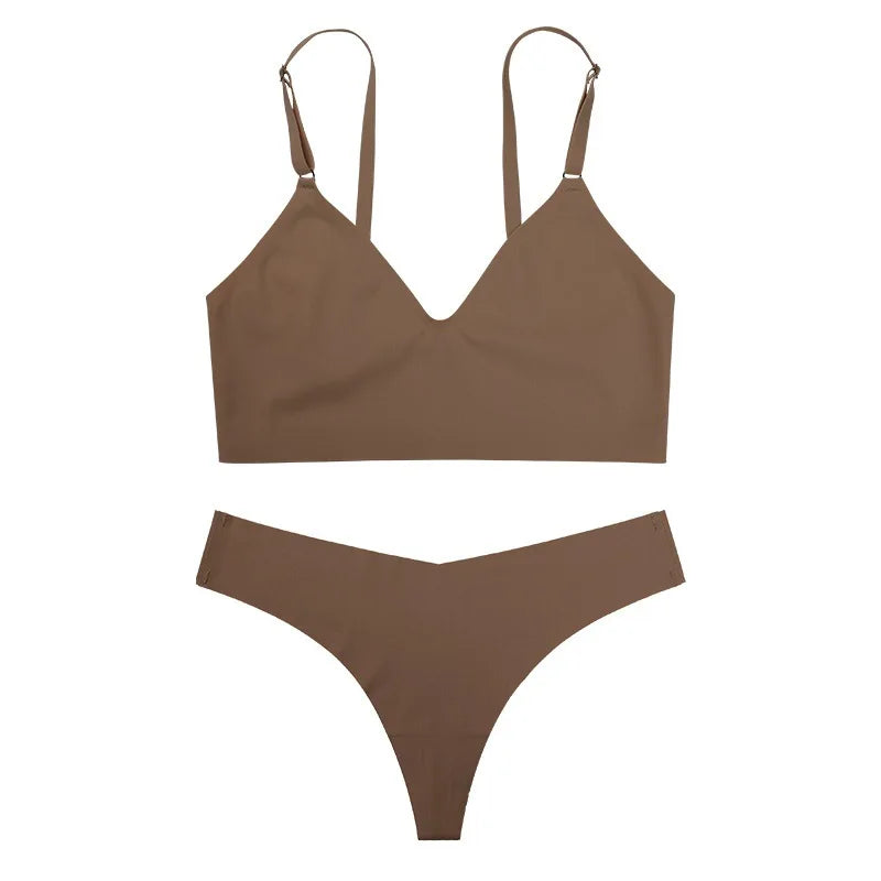 Seamless Bra Set Women Lingerie Set V-Shape Low Waist Thong Panties V-neck Bralette Wireless Brassiere Female Sexy Underwear Set