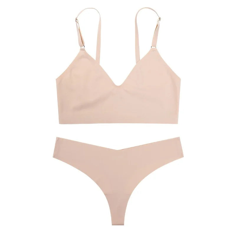 Seamless Bra Set Women Lingerie Set V-Shape Low Waist Thong Panties V-neck Bralette Wireless Brassiere Female Sexy Underwear Set