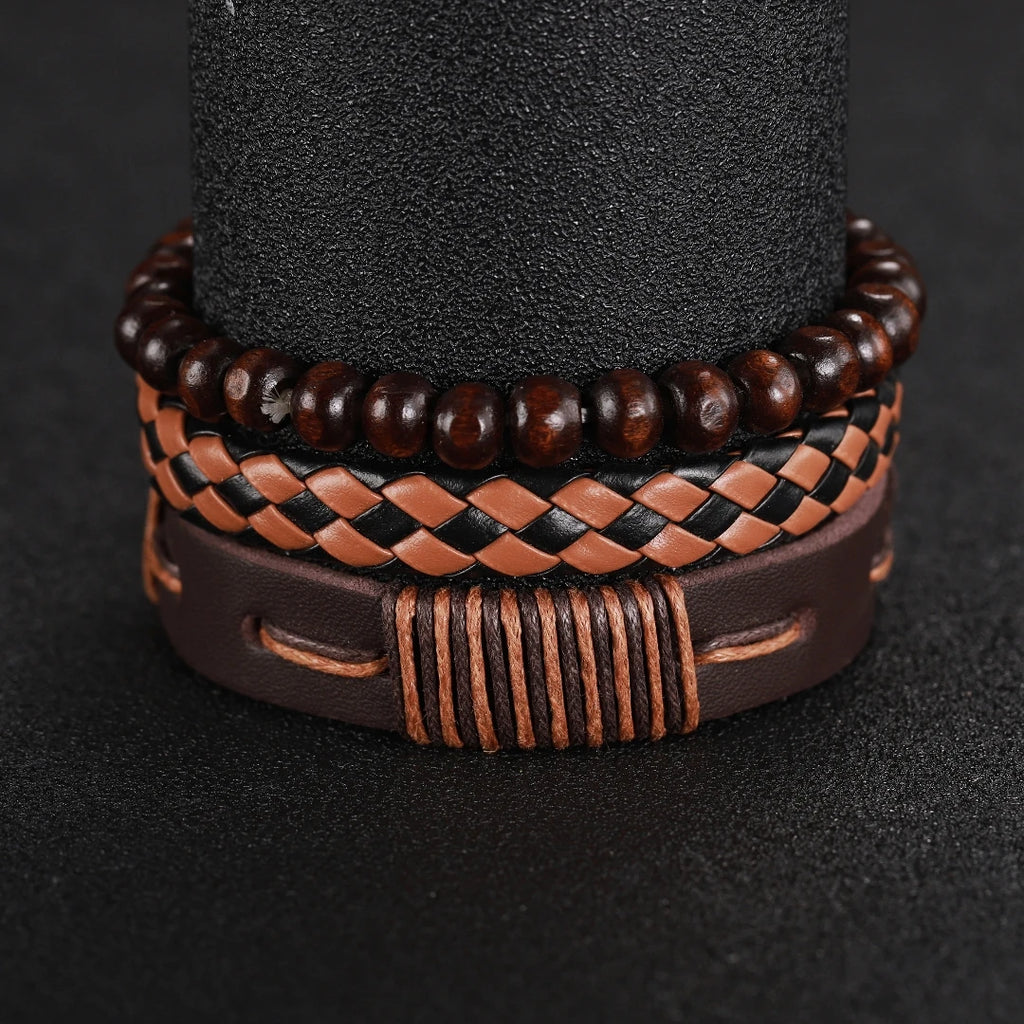 4PCS Fashion Men Business Watches  Leather Bracelets Set Round Dial Male's Analog Quartz Wristwatch Reloj Hombre（Without Box）