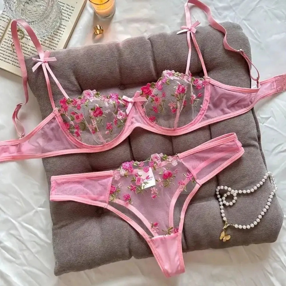 2pcs Set Sweet Mesh Lace Flower Bra Sexy Embroidery Bra Panties Set Bowknot Intimates Push Up Bra Women Romantic Evenings